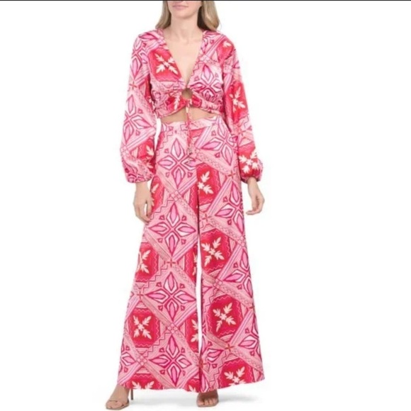 Caroline Constas two-piece set printed long sleeve cropped top & wide leg pants - Picture 1 of 12